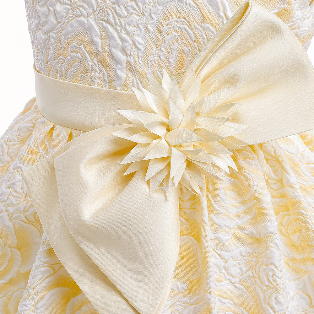 Girls' Flower Bow A-line Tea Length Puff Sleeve Dress | Kids Party & Holiday Outfit