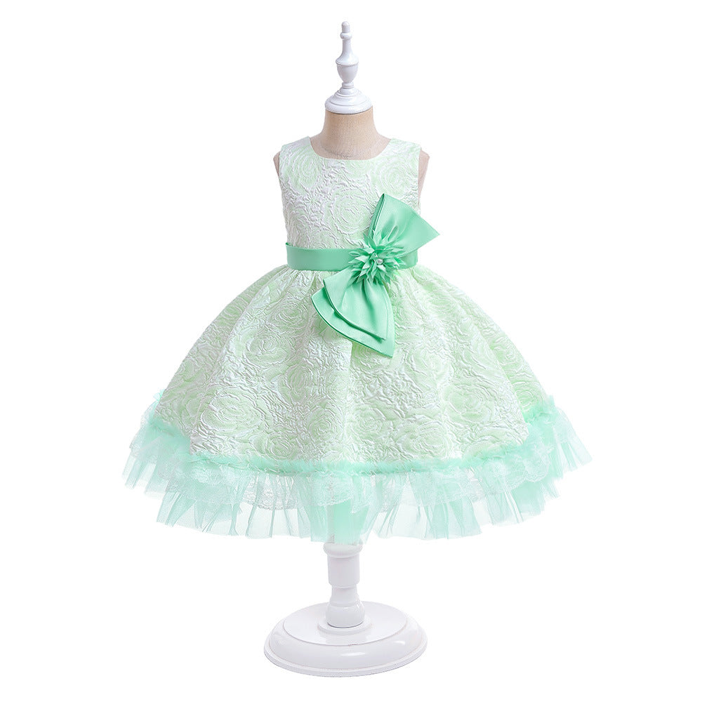 Girls' Flower Bow A-line Tea Length Puff Sleeve Dress | Kids Party & Holiday Outfit