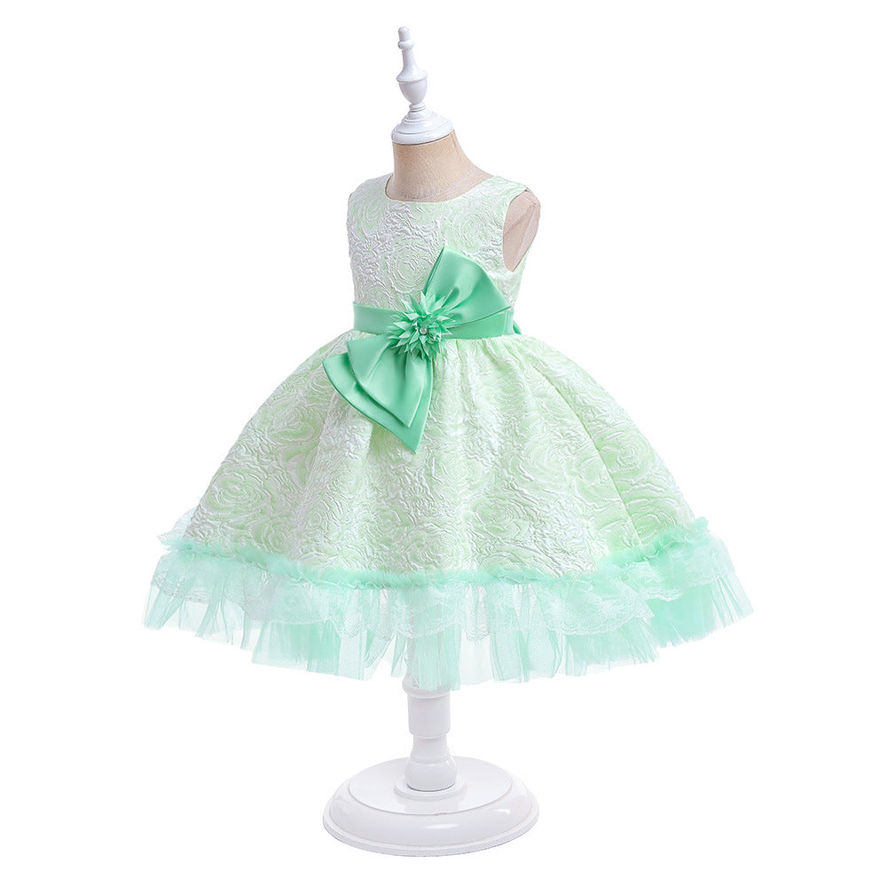 Girls' Flower Bow A-line Tea Length Puff Sleeve Dress | Kids Party & Holiday Outfit