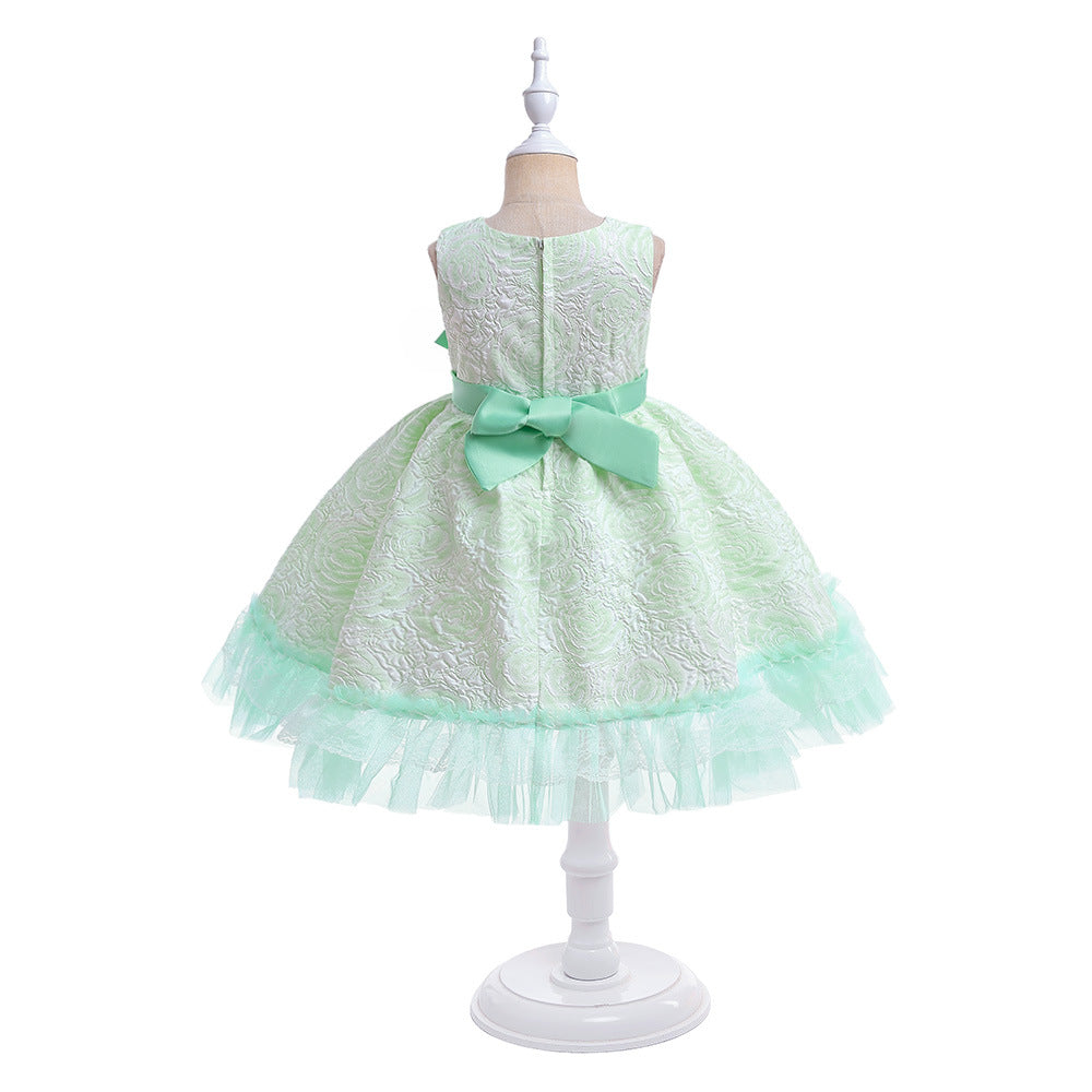 Girls' Flower Bow A-line Tea Length Puff Sleeve Dress | Kids Party & Holiday Outfit