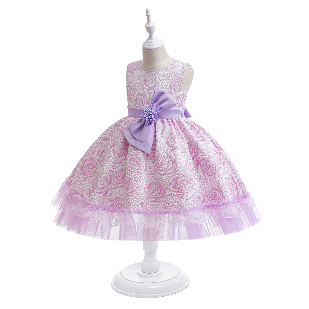 Girls' Flower Bow A-line Tea Length Puff Sleeve Dress | Kids Party & Holiday Outfit