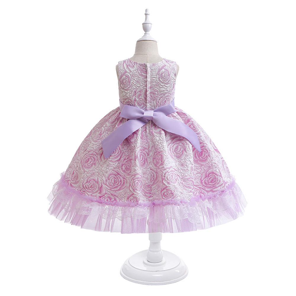 Girls' Flower Bow A-line Tea Length Puff Sleeve Dress | Kids Party & Holiday Outfit