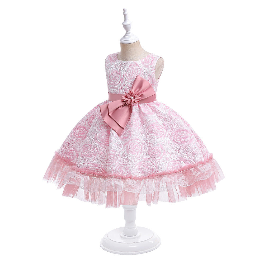 Girls' Flower Bow A-line Tea Length Puff Sleeve Dress | Kids Party & Holiday Outfit