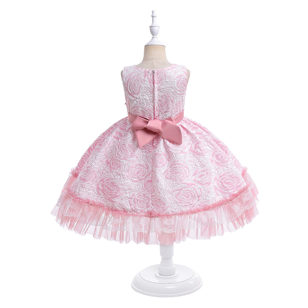 Girls' Flower Bow A-line Tea Length Puff Sleeve Dress | Kids Party & Holiday Outfit