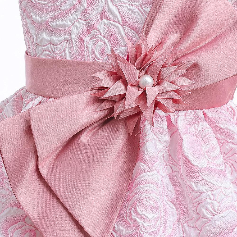 Girls' Flower Bow A-line Tea Length Puff Sleeve Dress | Kids Party & Holiday Outfit