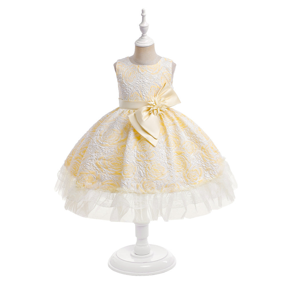Girls' Flower Bow A-line Tea Length Puff Sleeve Dress | Kids Party & Holiday Outfit