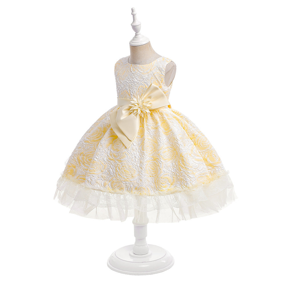Girls' Flower Bow A-line Tea Length Puff Sleeve Dress | Kids Party & Holiday Outfit