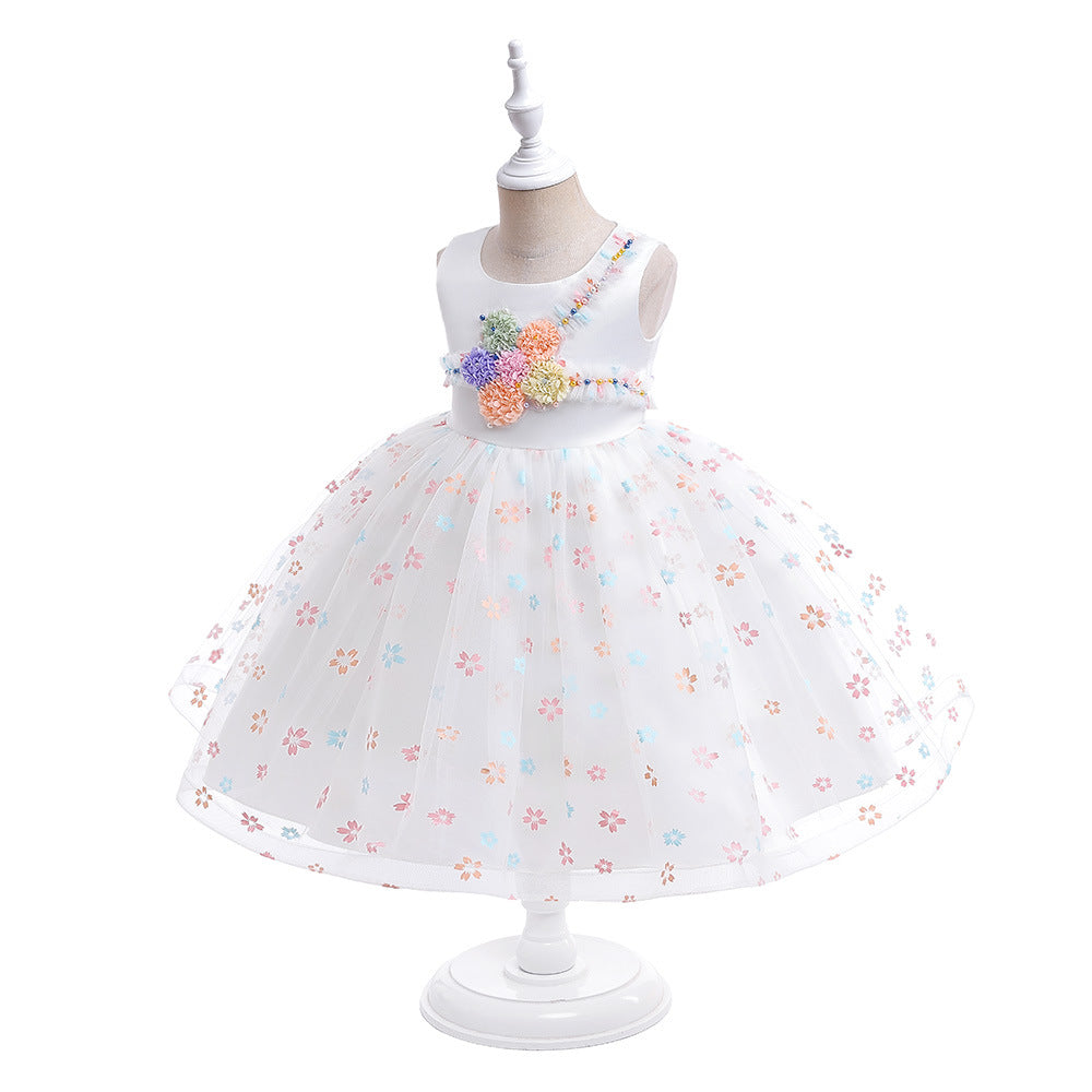 Cute Mesh Floral A-line Kids Dress for Special Occasions – Tea Length White Gown