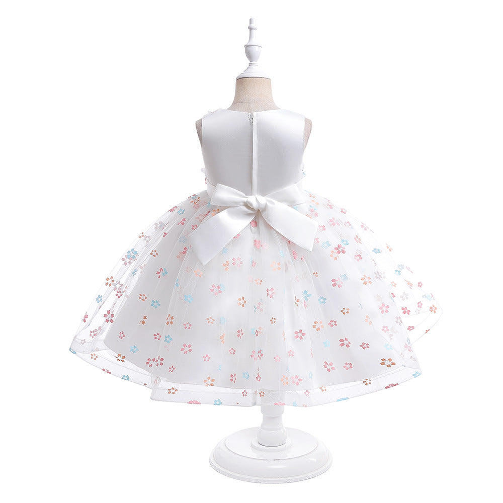 Cute Mesh Floral A-line Kids Dress for Special Occasions – Tea Length White Gown