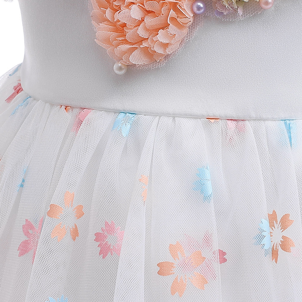 Cute Mesh Floral A-line Kids Dress for Special Occasions – Tea Length White Gown