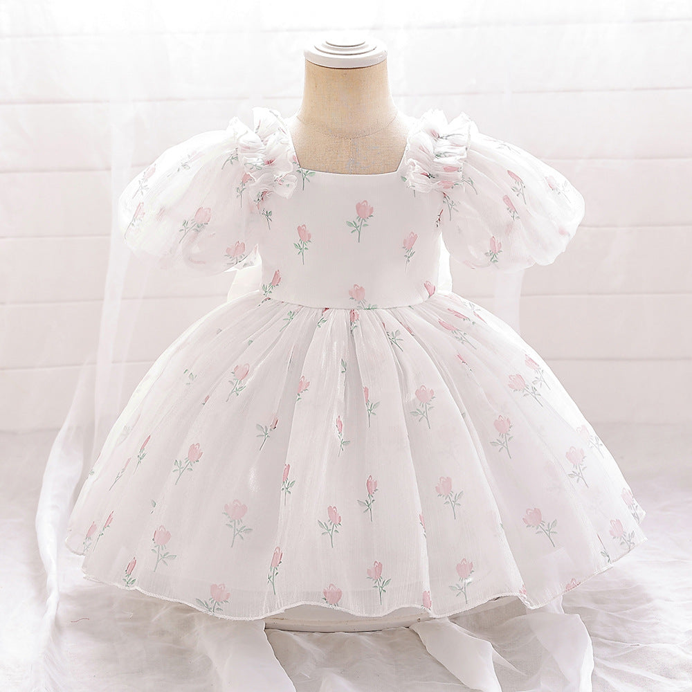 Adorable Floral Print Tulle A-Line Princess Dress for Infants – White Bubble Sleeve Party Gown