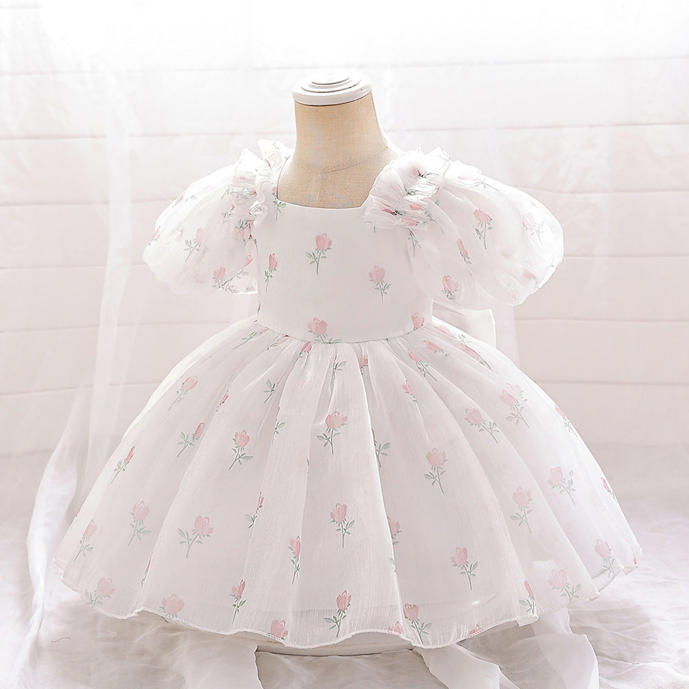 Adorable Floral Print Tulle A-Line Princess Dress for Infants – White Bubble Sleeve Party Gown