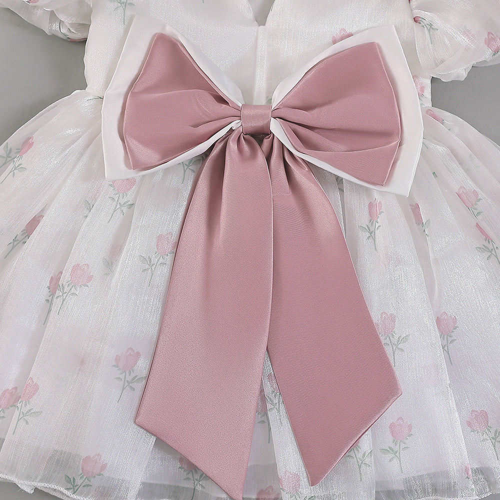 Adorable Floral Print Tulle A-Line Princess Dress for Infants – White Bubble Sleeve Party Gown