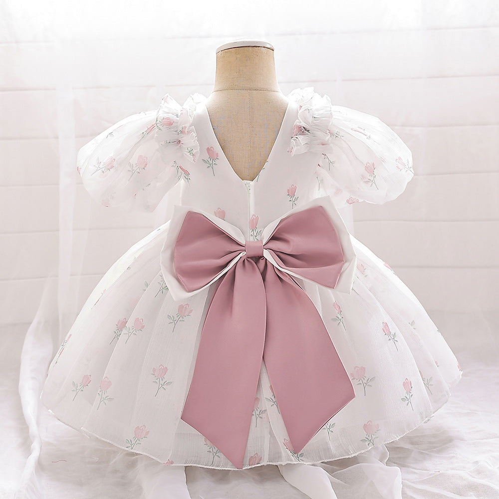 Adorable Floral Print Tulle A-Line Princess Dress for Infants – White Bubble Sleeve Party Gown