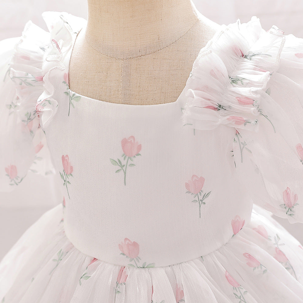 Adorable Floral Print Tulle A-Line Princess Dress for Infants – White Bubble Sleeve Party Gown