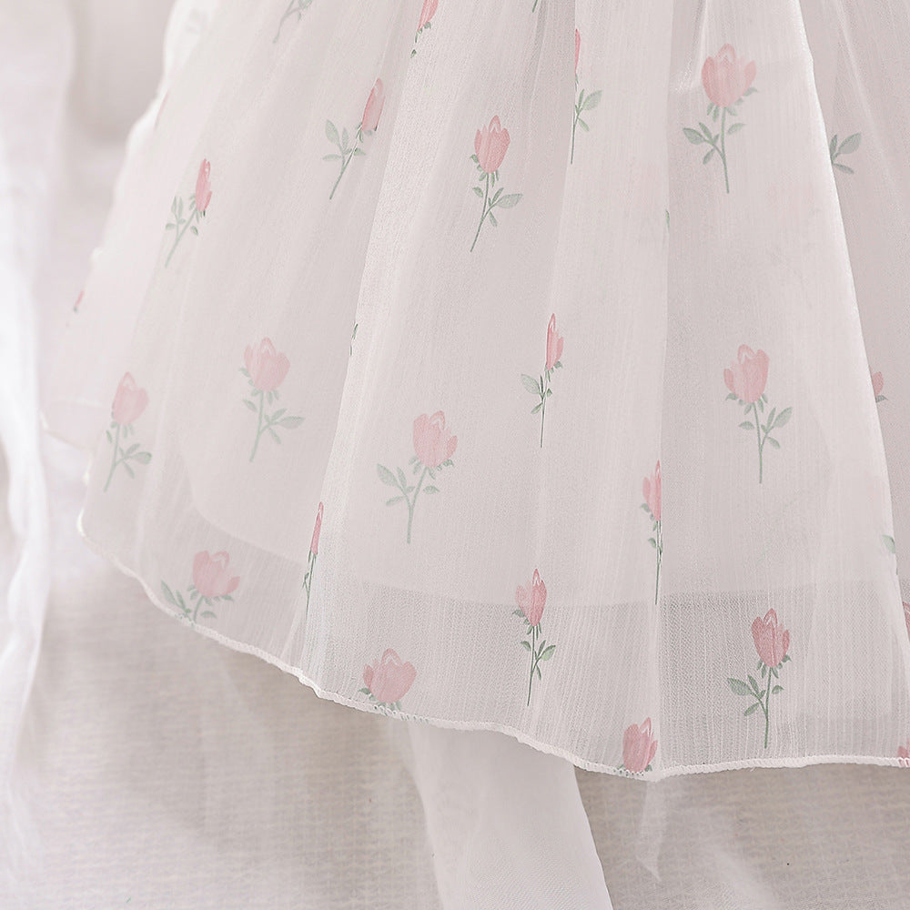 Adorable Floral Print Tulle A-Line Princess Dress for Infants – White Bubble Sleeve Party Gown