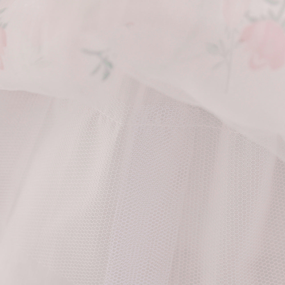 Adorable Floral Print Tulle A-Line Princess Dress for Infants – White Bubble Sleeve Party Gown