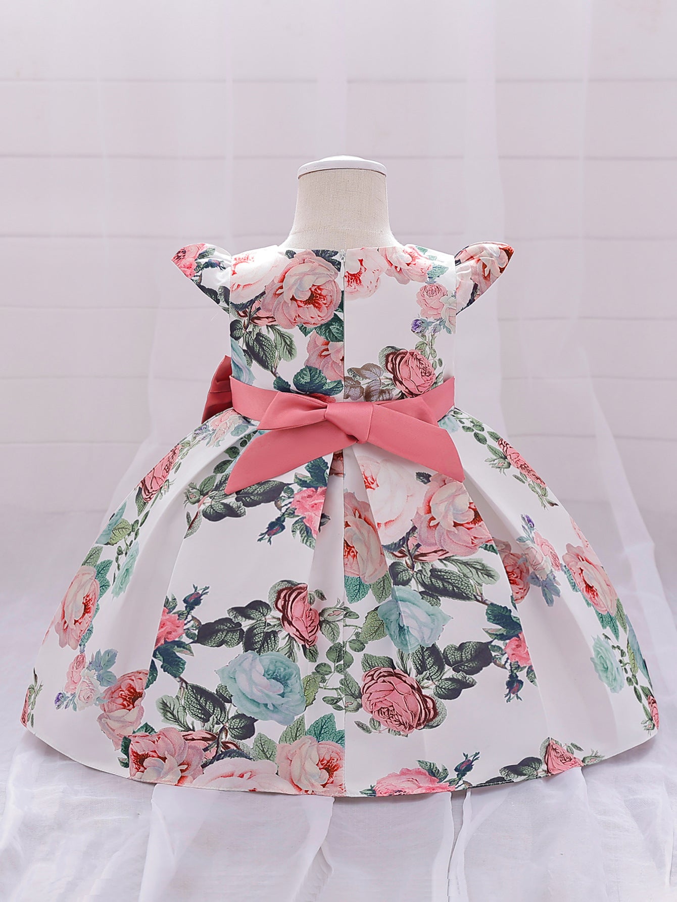 Floral Puffy Princess Ball Gown Dress with Bow – Tea Length, Ages 9M-4Y