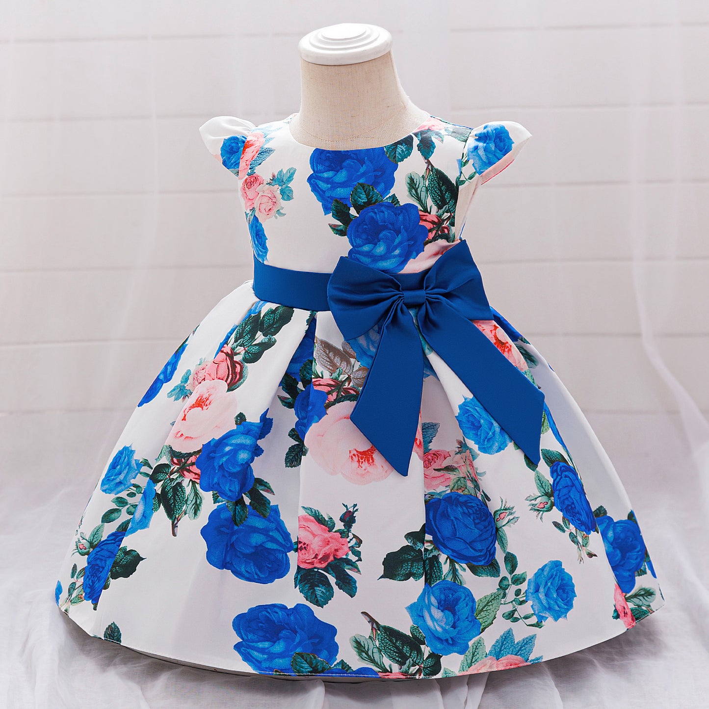 Floral Puffy Princess Ball Gown Dress with Bow – Tea Length, Ages 9M-4Y