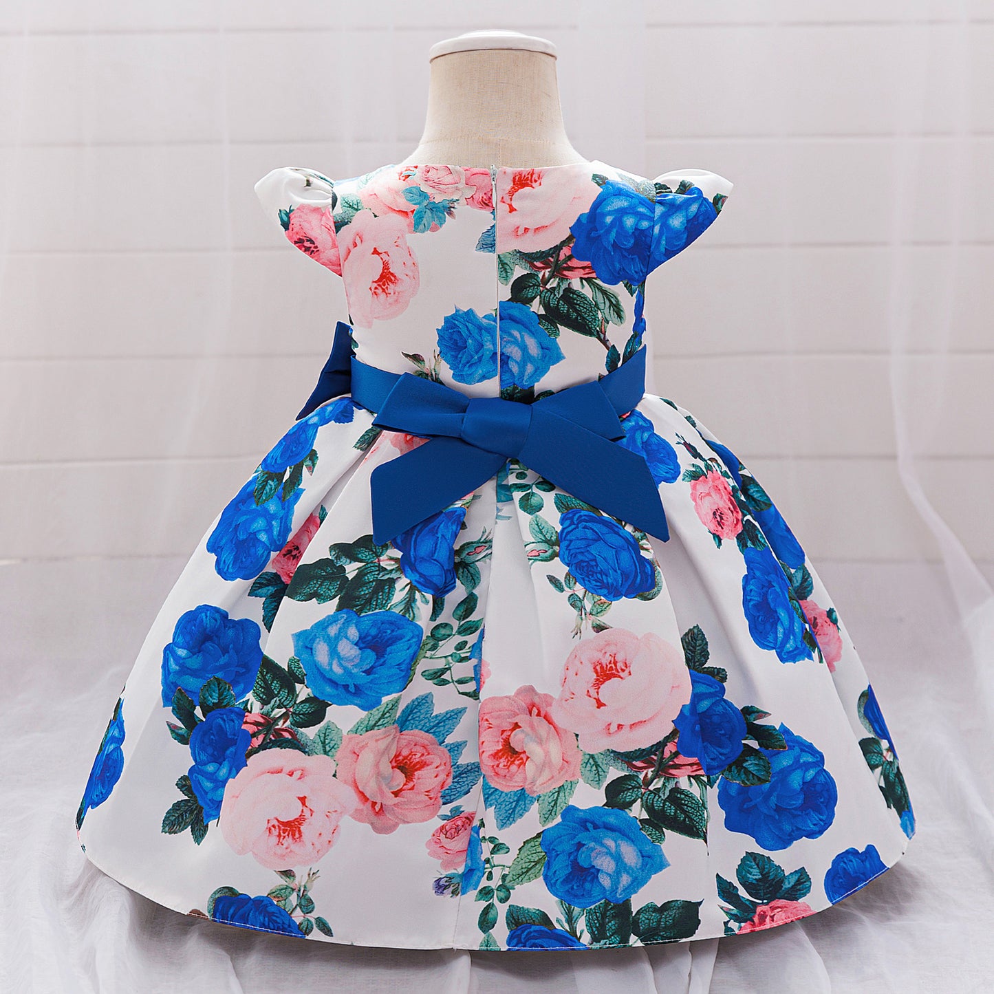 Floral Puffy Princess Ball Gown Dress with Bow – Tea Length, Ages 9M-4Y