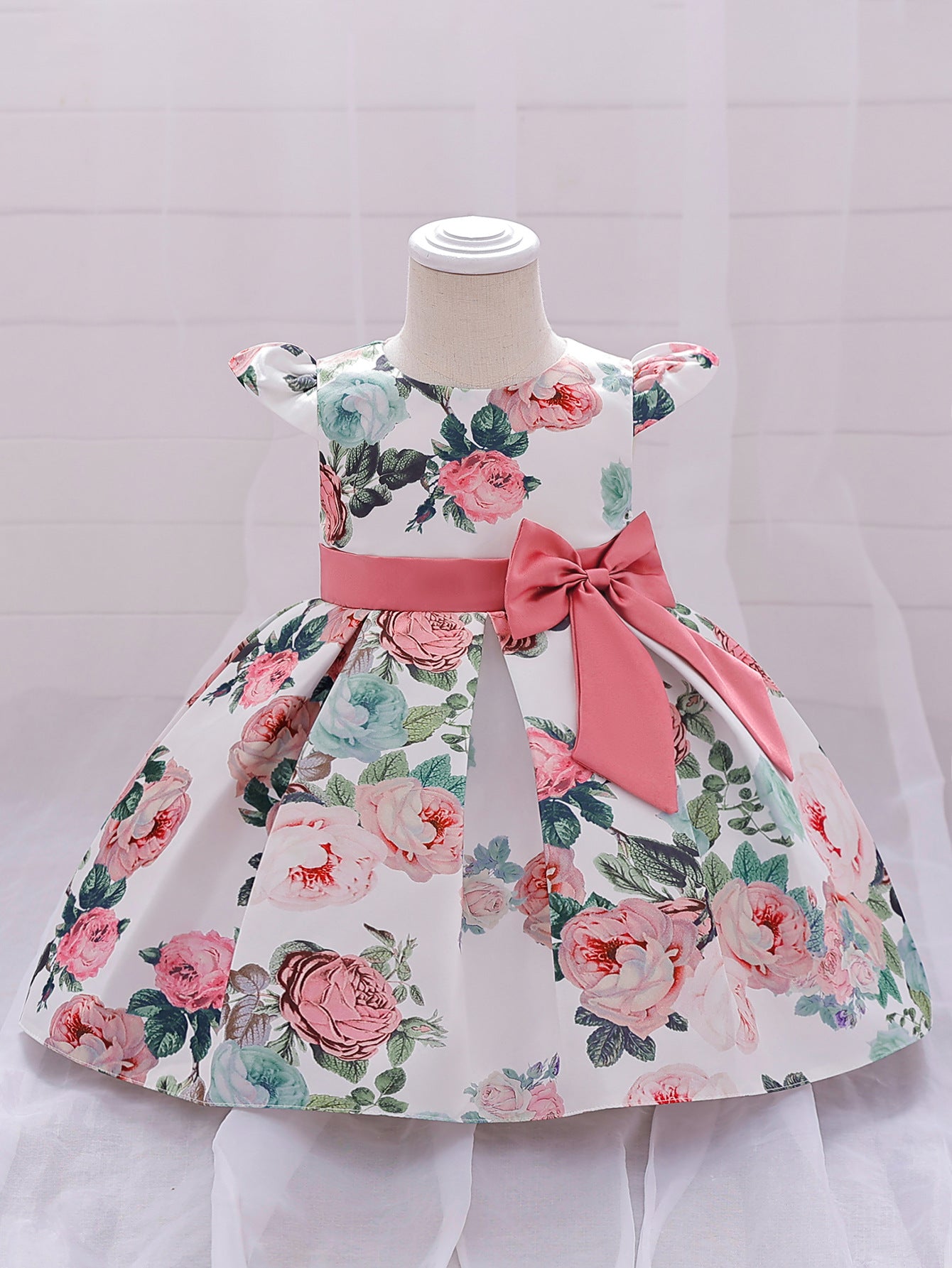 Floral Puffy Princess Ball Gown Dress with Bow – Tea Length, Ages 9M-4Y