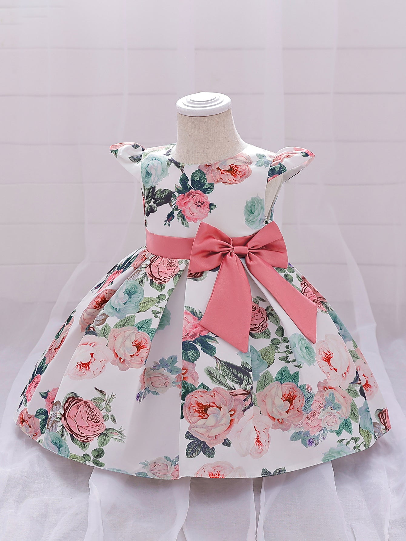 Floral Puffy Princess Ball Gown Dress with Bow – Tea Length, Ages 9M-4Y