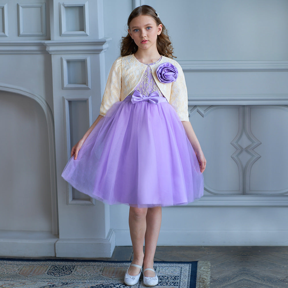 A-line Tulle Princess Dress Set for Girls with Flower & Bow, Ages 3-10