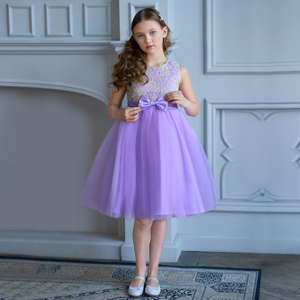 A-line Tulle Princess Dress Set for Girls with Flower & Bow, Ages 3-10