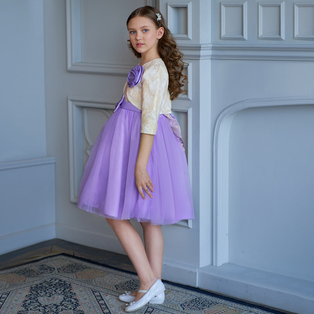 A-line Tulle Princess Dress Set for Girls with Flower & Bow, Ages 3-10