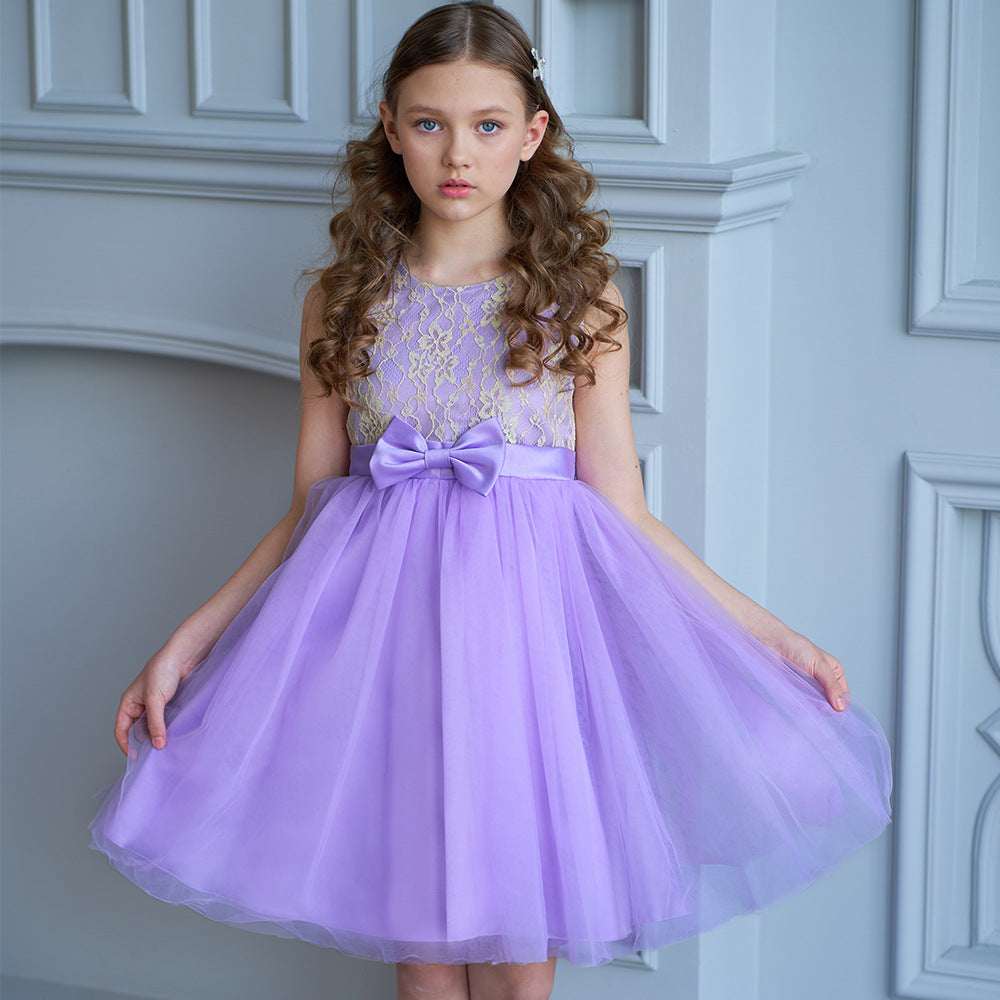 A-line Tulle Princess Dress Set for Girls with Flower & Bow, Ages 3-10