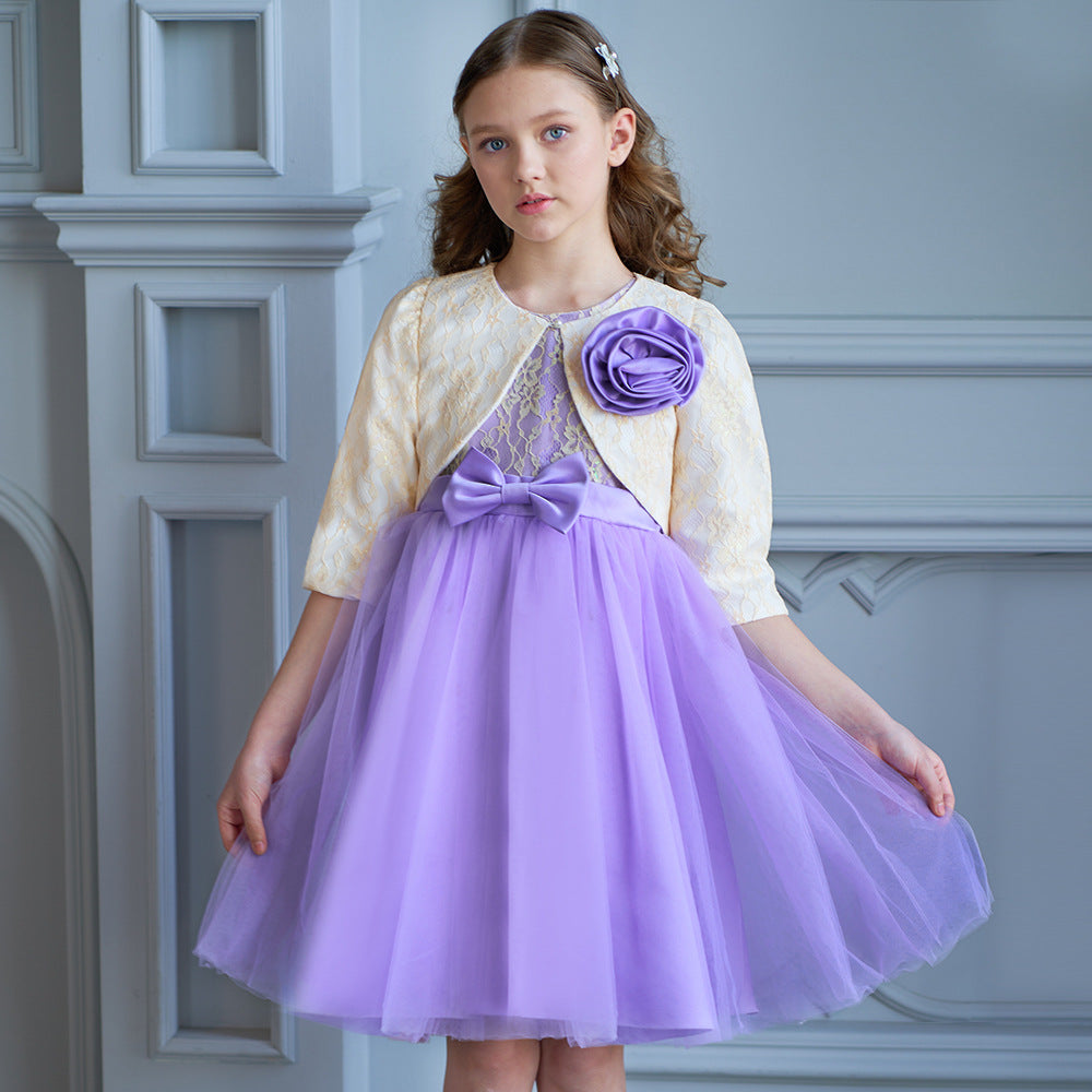 A-line Tulle Princess Dress Set for Girls with Flower & Bow, Ages 3-10