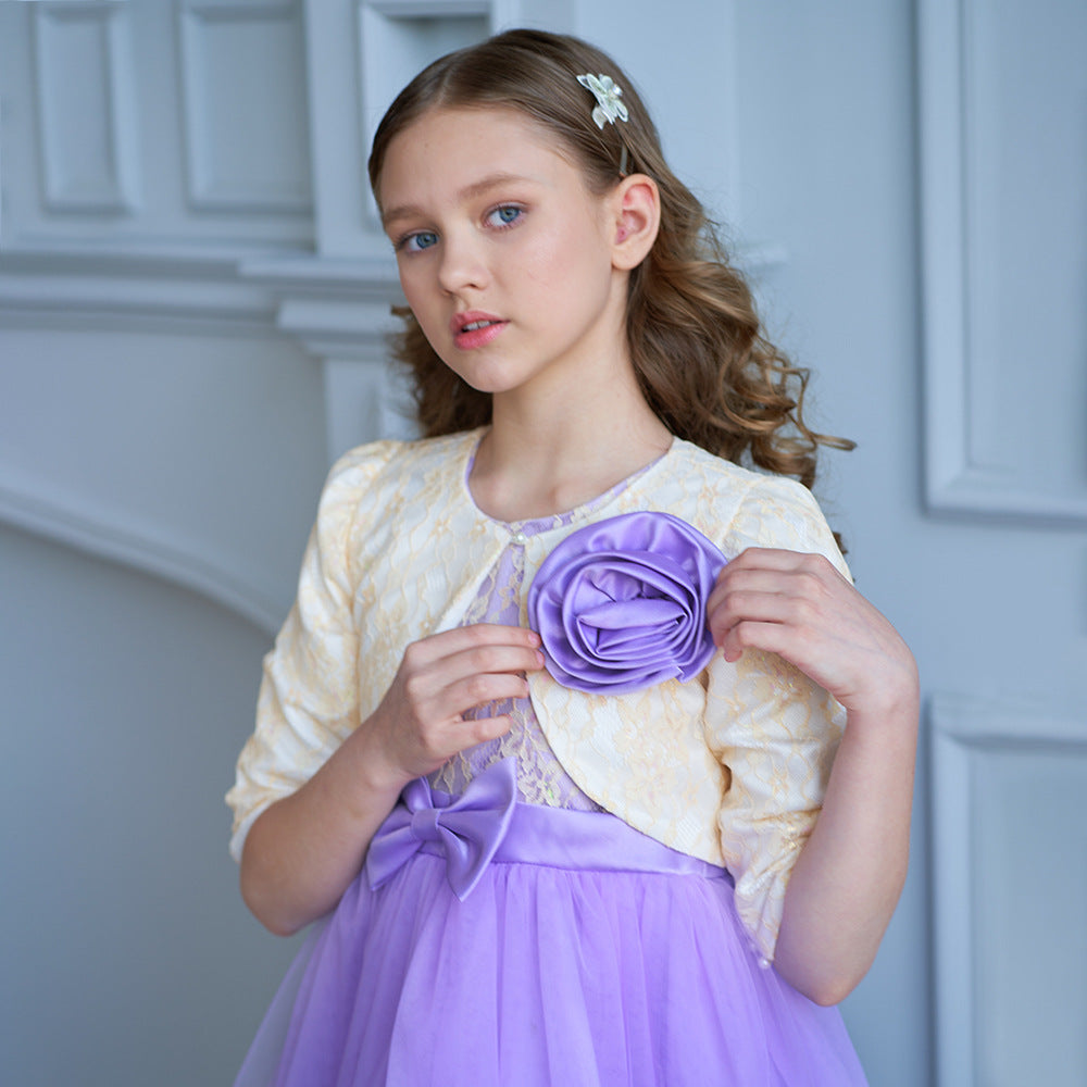 A-line Tulle Princess Dress Set for Girls with Flower & Bow, Ages 3-10