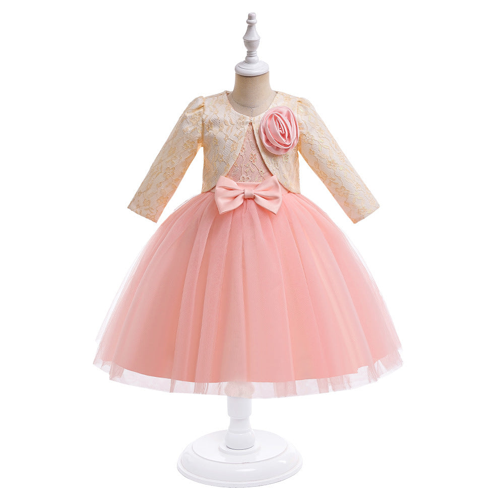 A-line Tulle Princess Dress Set for Girls with Flower & Bow, Ages 3-10