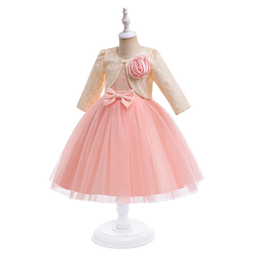 A-line Tulle Princess Dress Set for Girls with Flower & Bow, Ages 3-10
