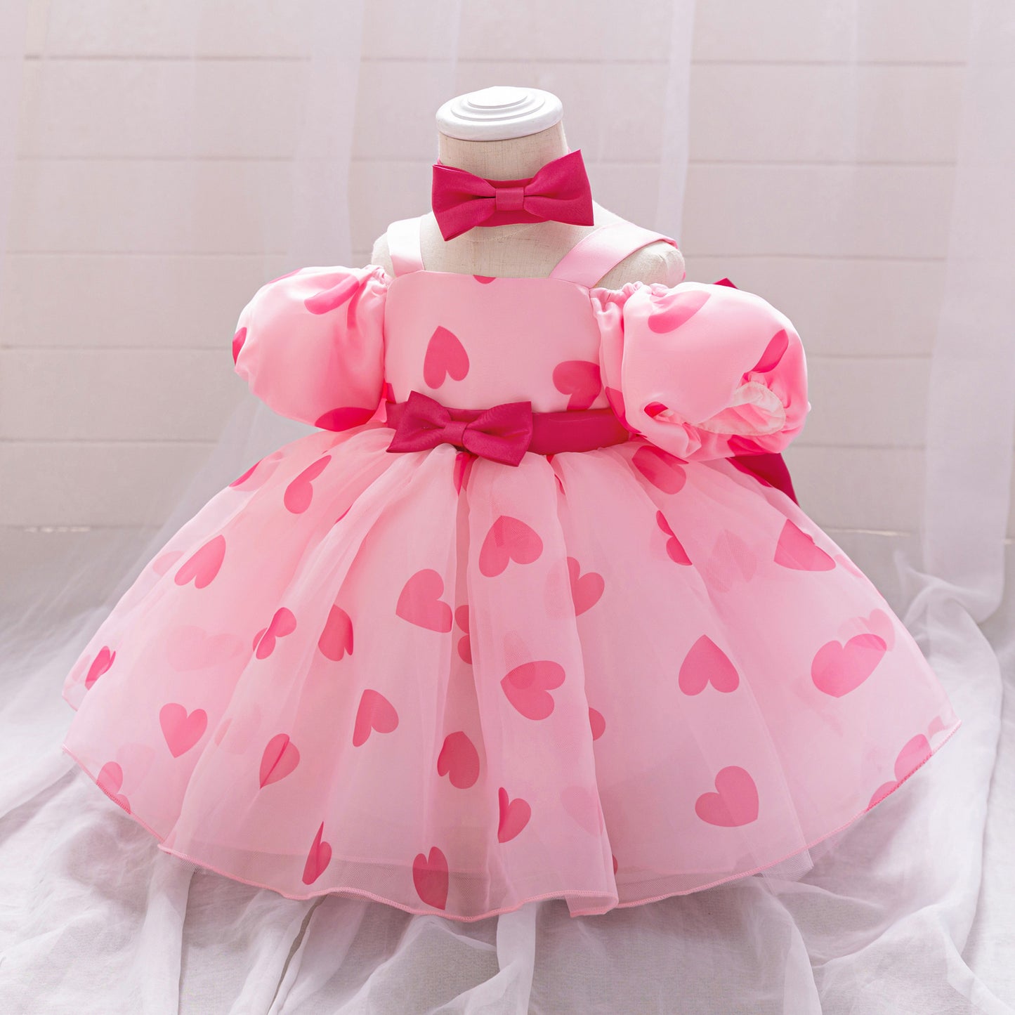 Cute Puff Sleeve Tulle Princess Dress for Girls | Floral Print & Big Bow, Tea Length