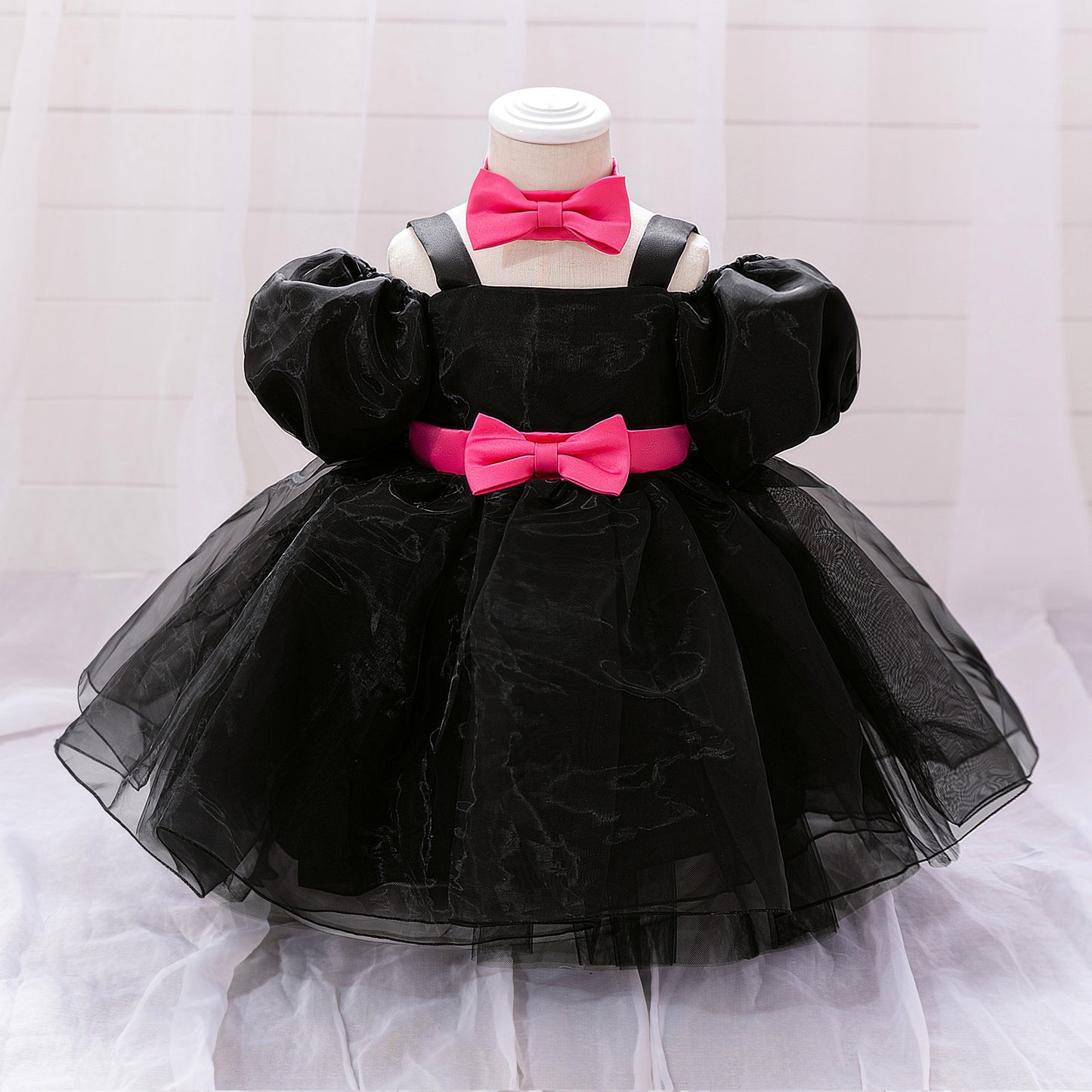 Cute Puff Sleeve Tulle Princess Dress for Girls | Floral Print & Big Bow, Tea Length
