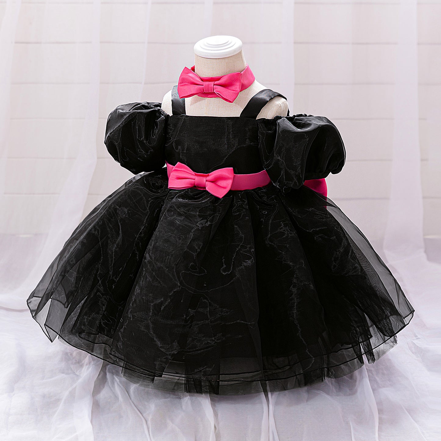 Cute Puff Sleeve Tulle Princess Dress for Girls | Floral Print & Big Bow, Tea Length