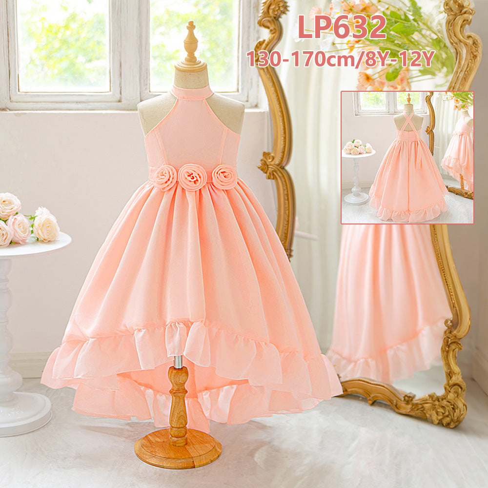 Cute Pink High-Low Halter Neck A-Line Flower Girl Dress for Parties & Celebrations