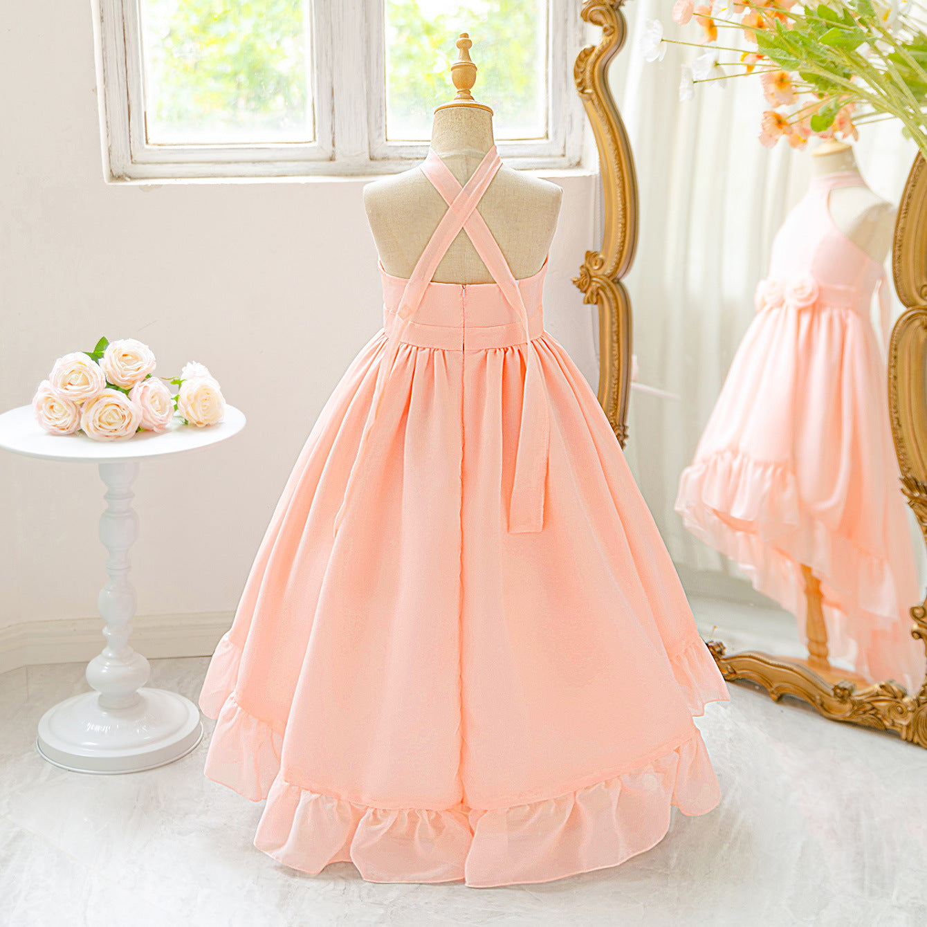 Cute Pink High-Low Halter Neck A-Line Flower Girl Dress for Parties & Celebrations