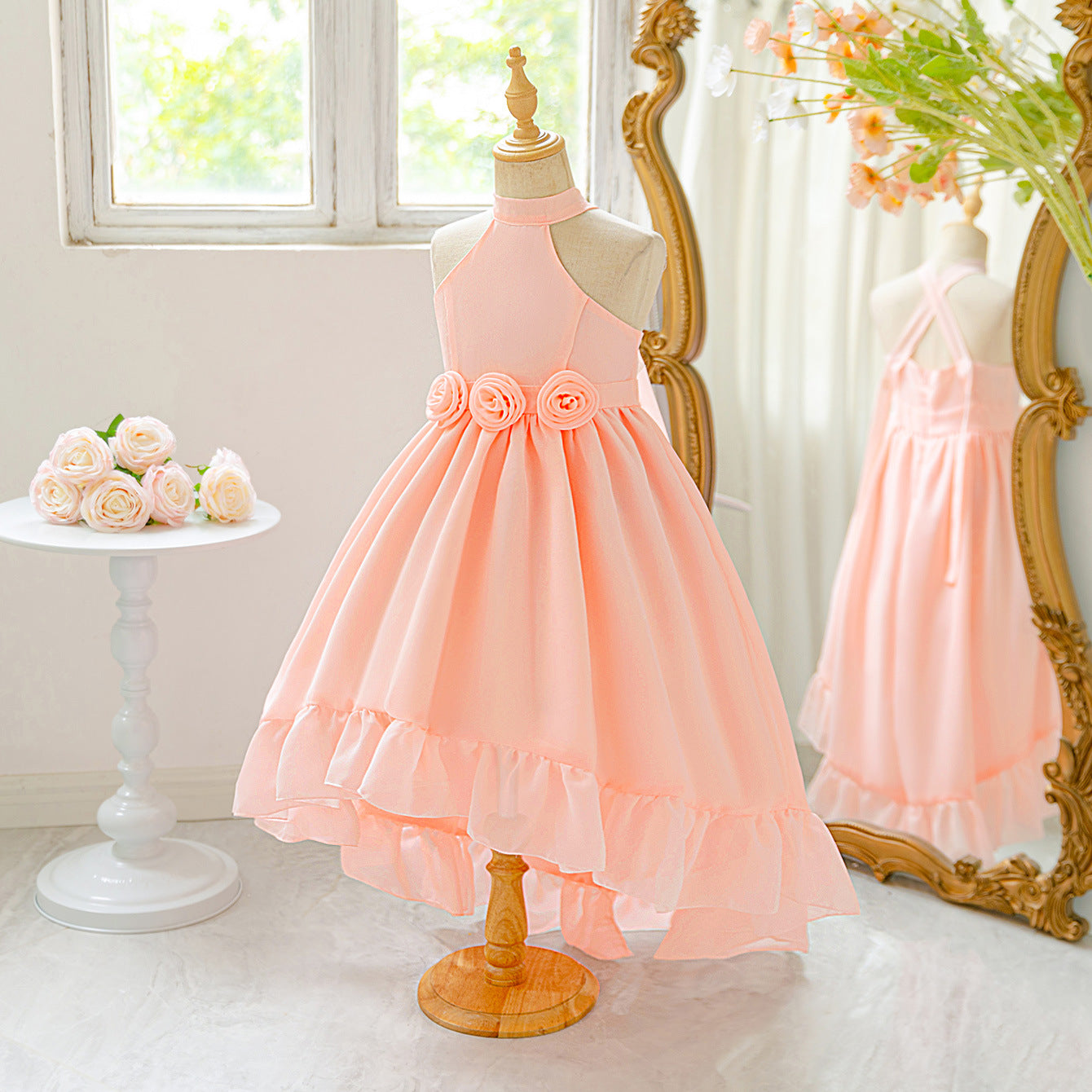 Cute Pink High-Low Halter Neck A-Line Flower Girl Dress for Parties & Celebrations
