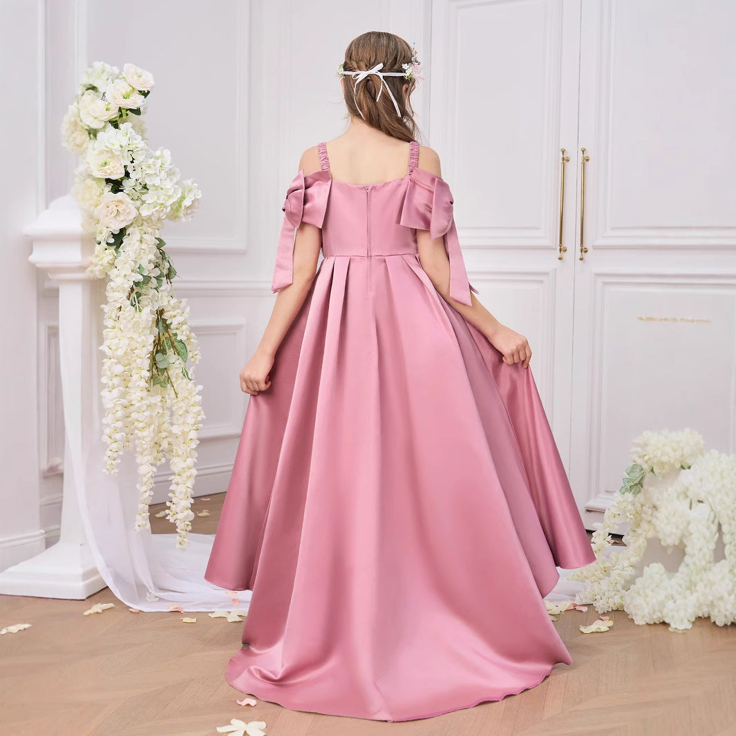 Pink High-Low Off-Shoulder Princess Dress for Girls (Ages 5-13) | Satin & Sequin Celebration Gown