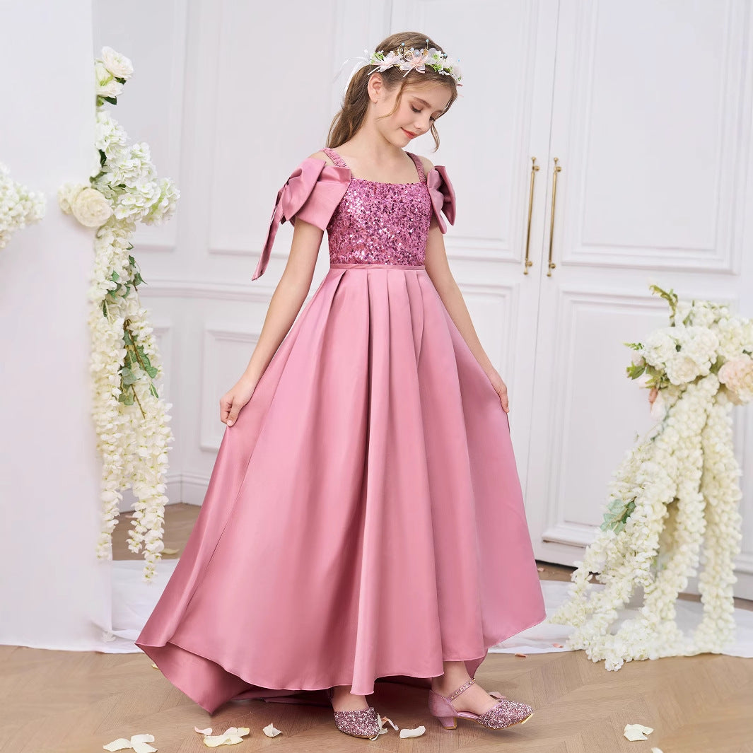 Pink High-Low Off-Shoulder Princess Dress for Girls (Ages 5-13) | Satin & Sequin Celebration Gown