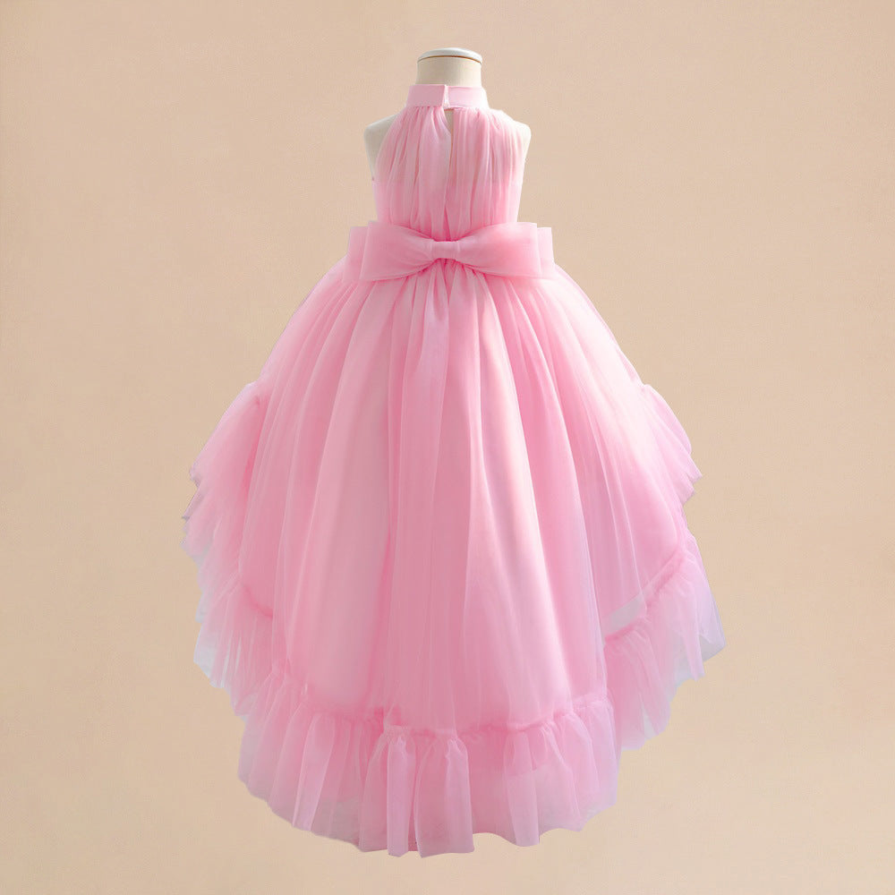 Light Pink Tulle High-Low Halter Dress for Girls | Party & Wedding A-Line Princess Gown