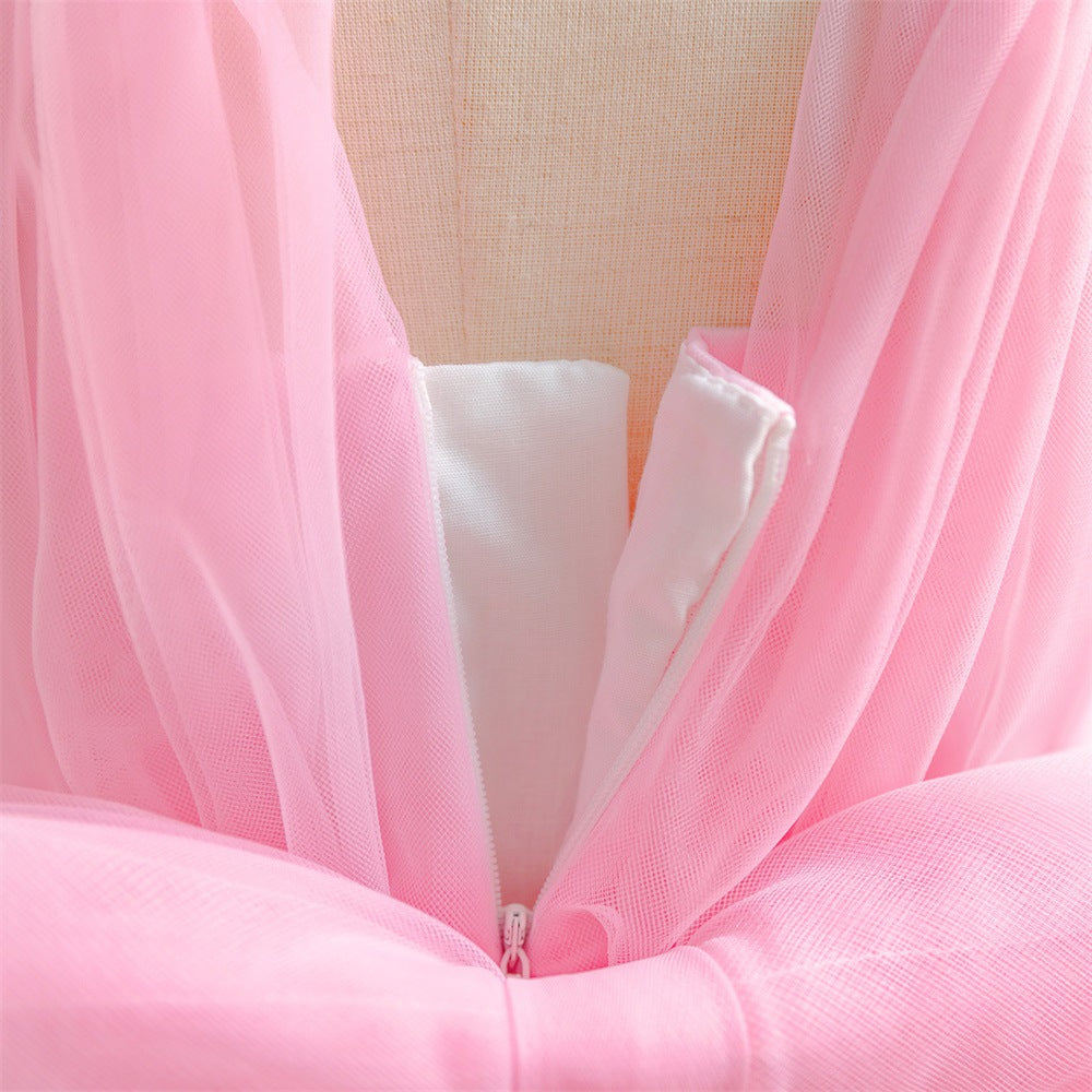 Light Pink Tulle High-Low Halter Dress for Girls | Party & Wedding A-Line Princess Gown