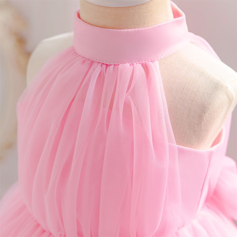 Light Pink Tulle High-Low Halter Dress for Girls | Party & Wedding A-Line Princess Gown