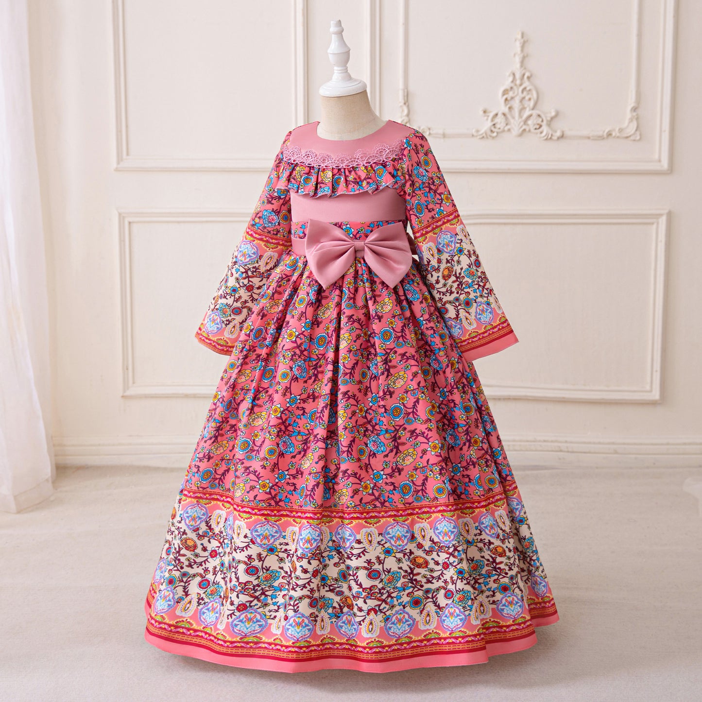 Hot Pink Girls' A-Line Floral Maxi Dress with Bowknot - Party & Wedding