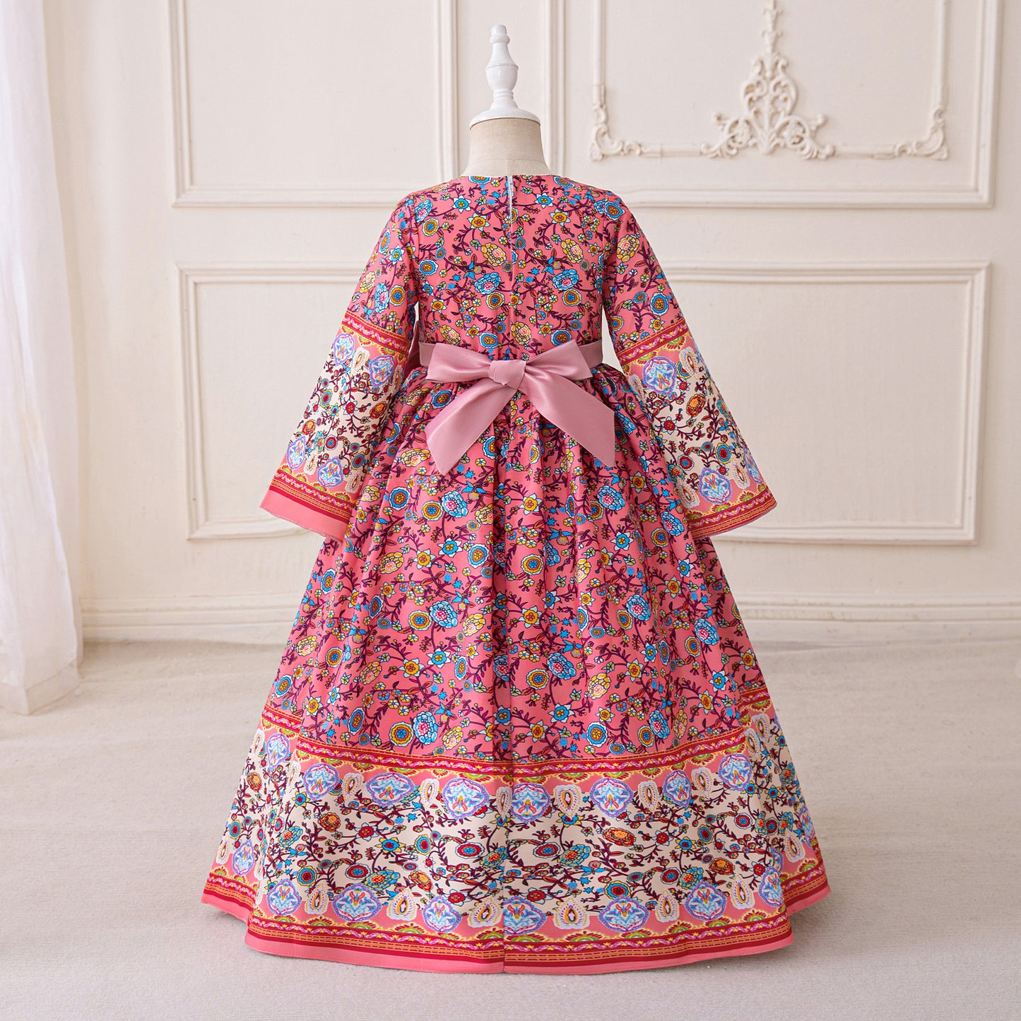 Hot Pink Girls' A-Line Floral Maxi Dress with Bowknot - Party & Wedding