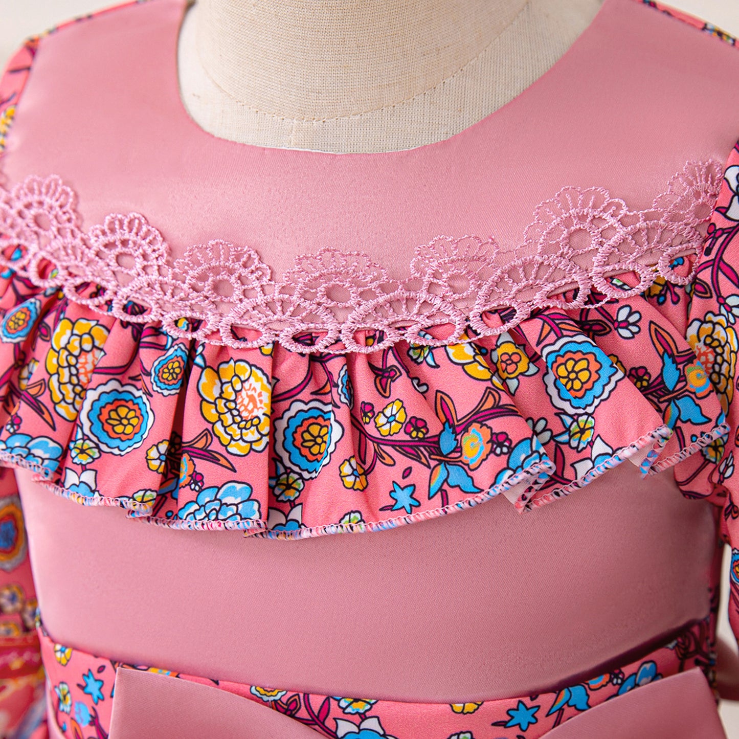 Hot Pink Girls' A-Line Floral Maxi Dress with Bowknot - Party & Wedding