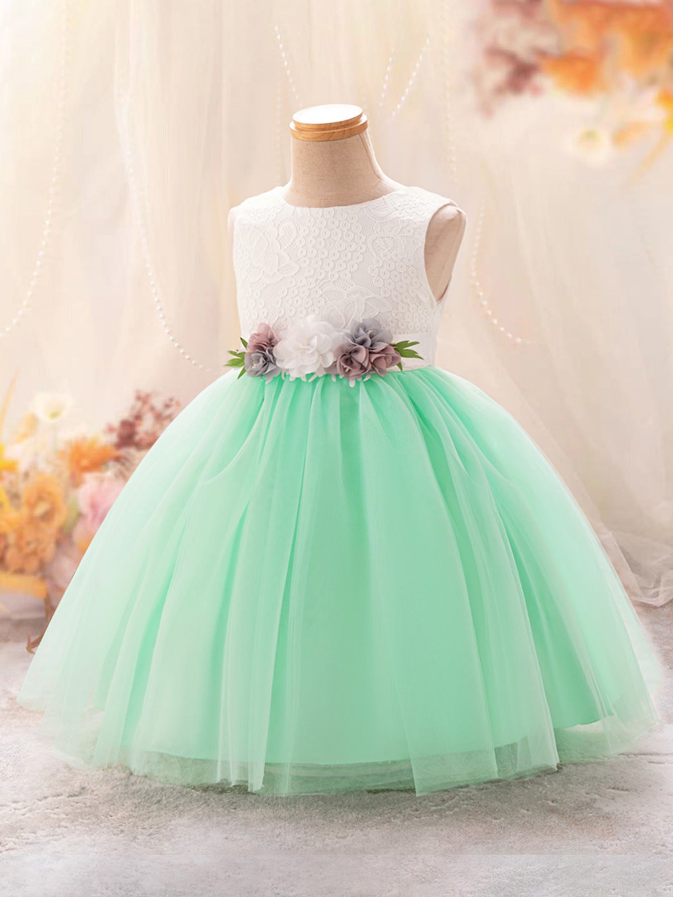 Cute A-Line Lace & Tulle Tea Length Dress with Flowers for Girls (3-8Y)