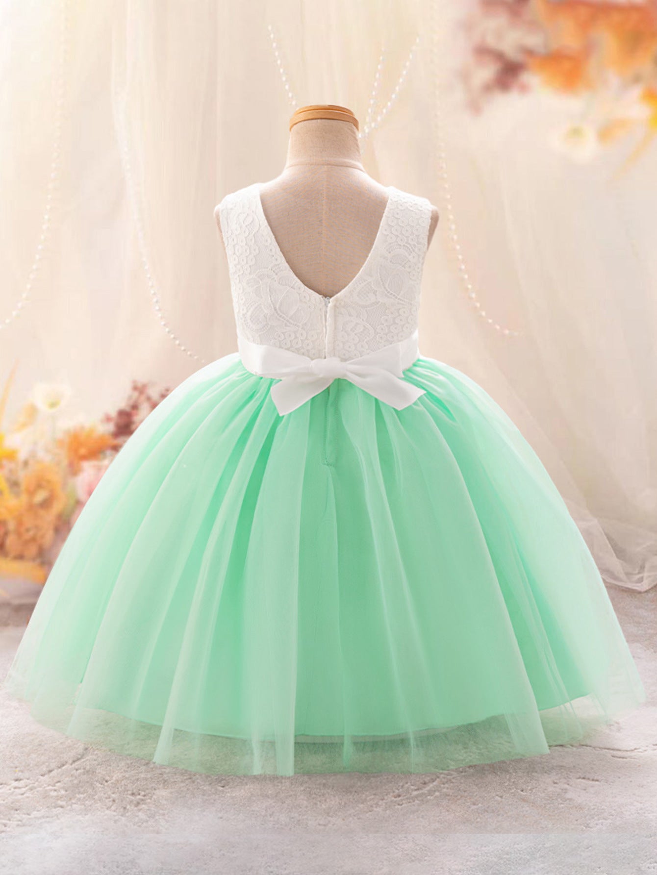 Cute A-Line Lace & Tulle Tea Length Dress with Flowers for Girls (3-8Y)